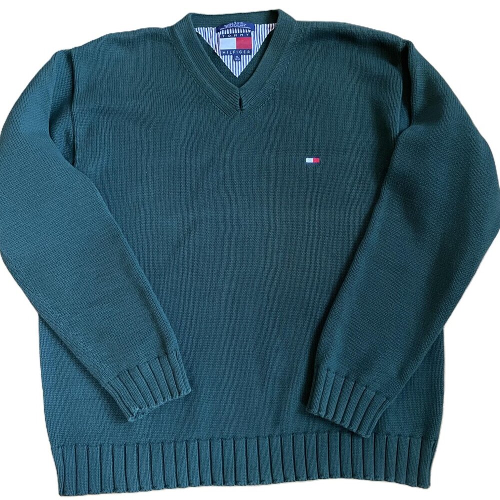 Vintage Tommy Hilfiger V-Neck Sweater Forest Green 100% Cotton Size XL